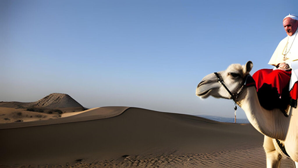 Illustration: der Papst auf einem Kamel in der Wüste. (c) Canva.com