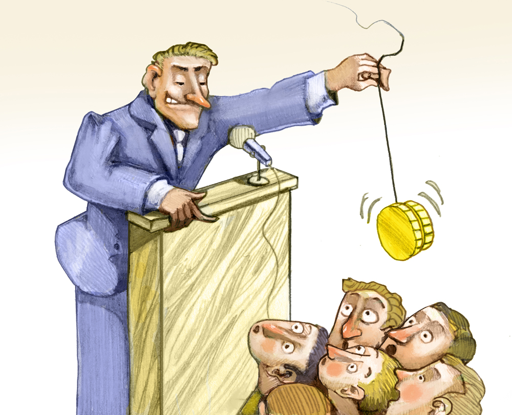 Politkonsulting 1.0: Vor der Wahl ≠ nach der Wahl 1 politician enchants voters from the stage with a jojo coin, keyword Politkonsulting.
(c) AdobeStock