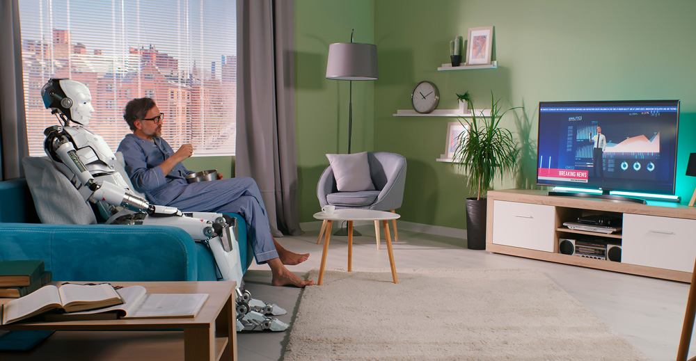 Dramatische Folgen von KI: Altenheime für Roboter 1 Mature male in pajama discussing business news with robotic friend while sitting on couch and watching TV together at home, Roboter
(c) AdobeStock
