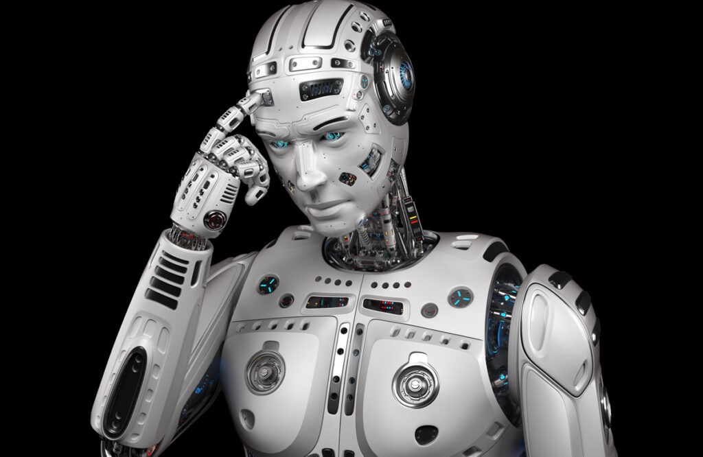 Ein menschlicher Roboter, der sich mit dem Zeigefinger auf den Kopf greift. (c) AdobeStock