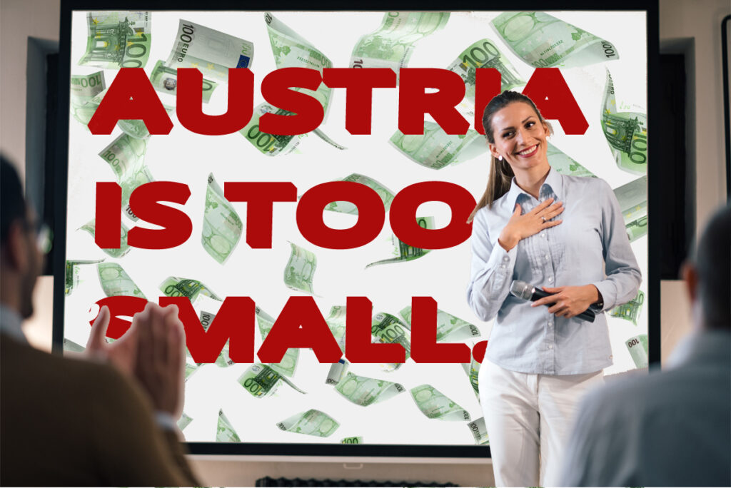 Korruptionsmuseum "Republica Banana" feierlich eröffnet 1 Eine Frau mit Mikrofon in der Hand vor einer Leinwand, auf der fliegende Geldscheine und "Austria is too small" projiziert werden, Stichwort Korruptionsmuseum.
(c) AdobeStock
