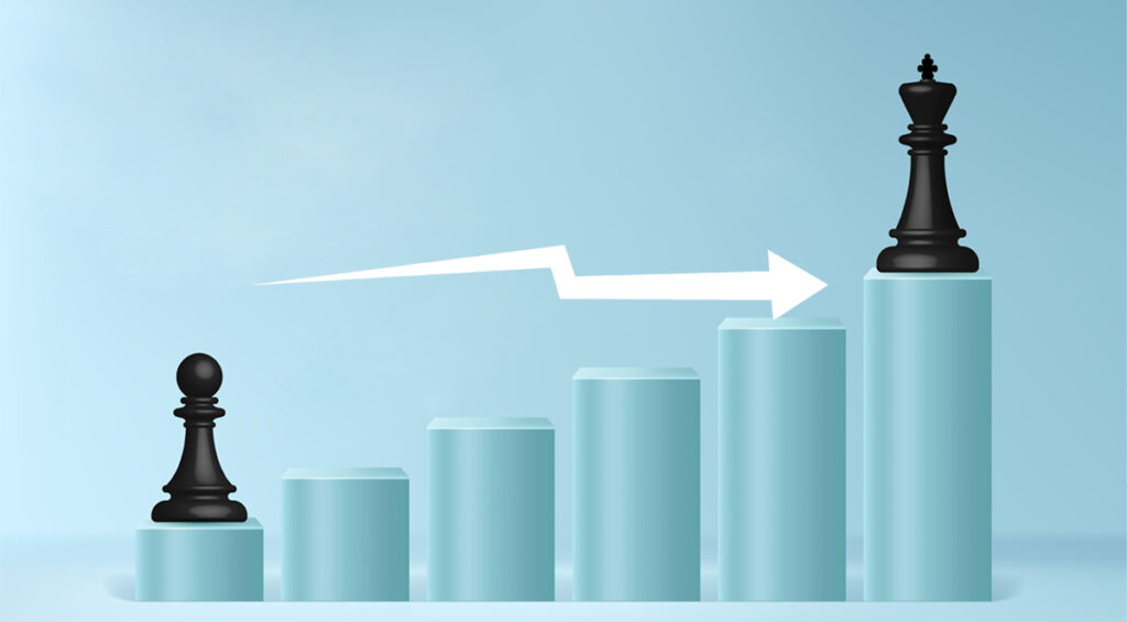 Chess climbing up stairs to reach a business target, Ladder of business successs, concept of business strategy and management. (c) AdobeStock
