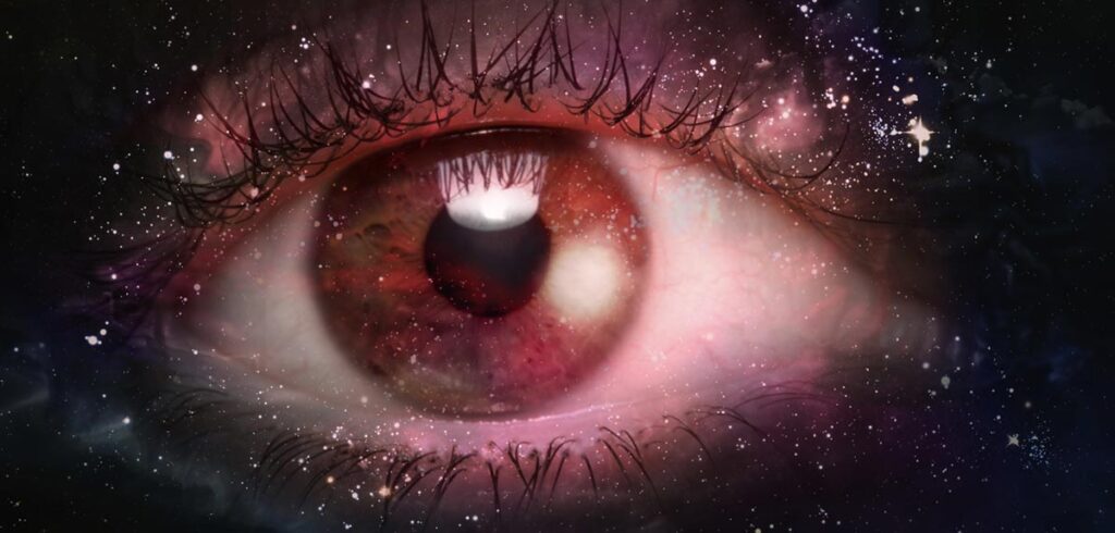 Dem Horoskop die Schuld zu geben wenn etwas schief geht hilft. Immer. Illustration: Close Up eines Auges mit mystischem Sternenhimmel. (c) AdobeStock