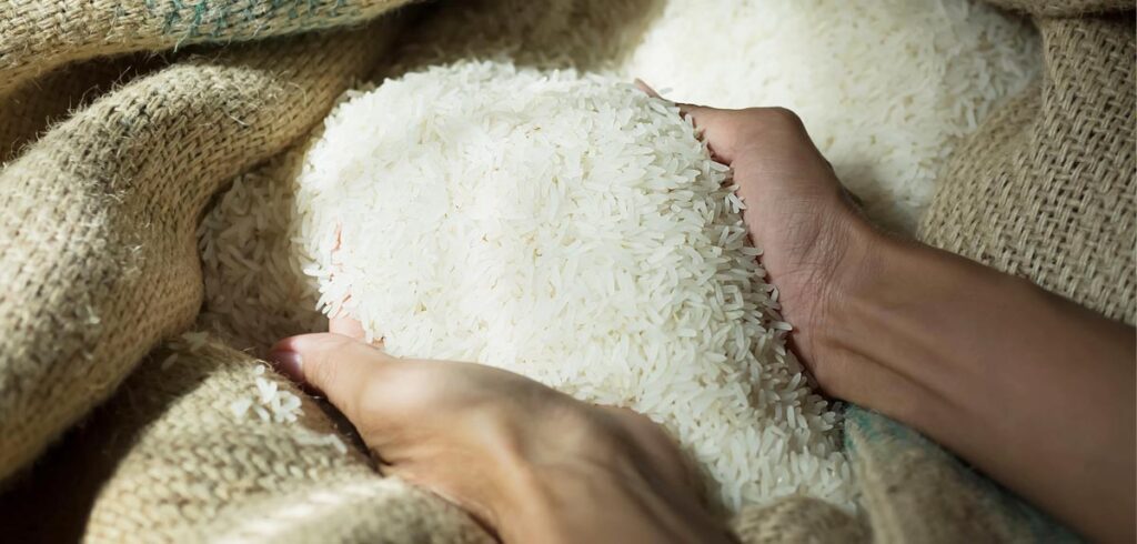 Hände, die Reis aus einem Sack heben. (c) AdobeStock