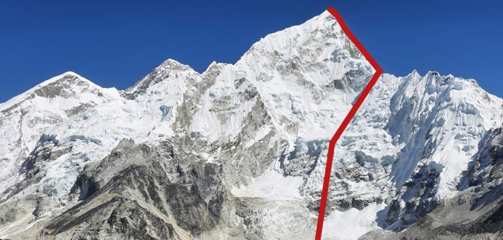 Mount Everest mit einer roten Linie. (c) AdobeStock