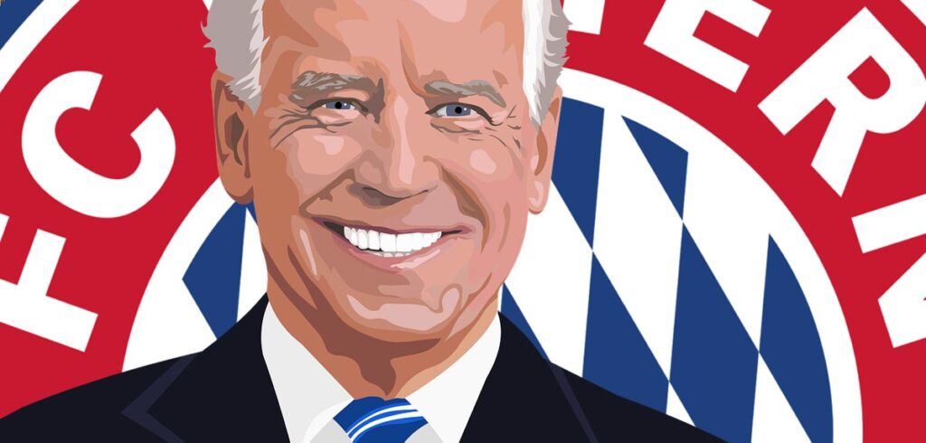 Gesicht Joe Bidens, im Hintergrund das FC Bayern Logo. (c) Pixabay.com