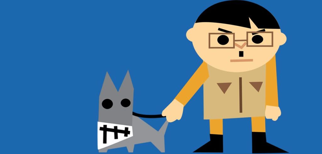 Illustration/ Grafik: Hitler mit Brille und einem Kampfhund an der Leine. (c) AdobeStock/ K2