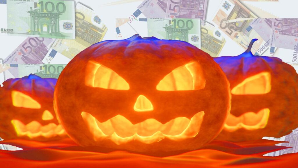 Halloween-Kürbisse, dahinter fliegende Geldscheine. (c) AdobeStock/ Pixabay.com/ K2