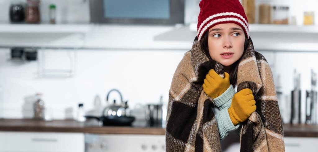 Eine Frau mit Haube, Handschuhen und Decke steht in einer Küche und friert. (c) AdobeStock