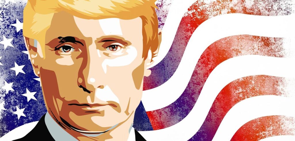 Putin mit Trump-Frisur vor einer US-Flagge. (c) Pixabay.com/ K2
