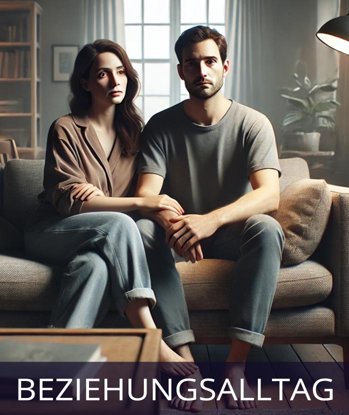 Ein Paar sitzend auf einer Couch, Stichwort Beziehungsalltag. (c) Dall.e/ K2