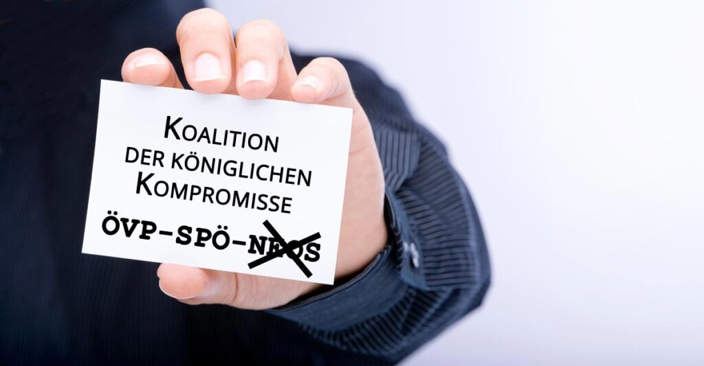 Koalitionsverhandlungen abgebrochen: "Wenn NEOS nicht will, holen wir die Sternsinger ins Team." 1 Die Hand eines Mannes, der einen Zettel hält auf dem "Koalition der königlichen Kompromisse ÖVP-SPÖ-NEOS (durchgestrichen)" steht.
(c) AdobeStock/ K2-Magazine