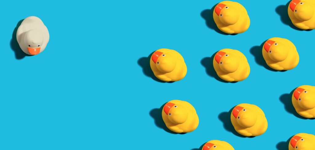 Eine weiße Badeente neben mehreren gelben. (c) AdobeStock