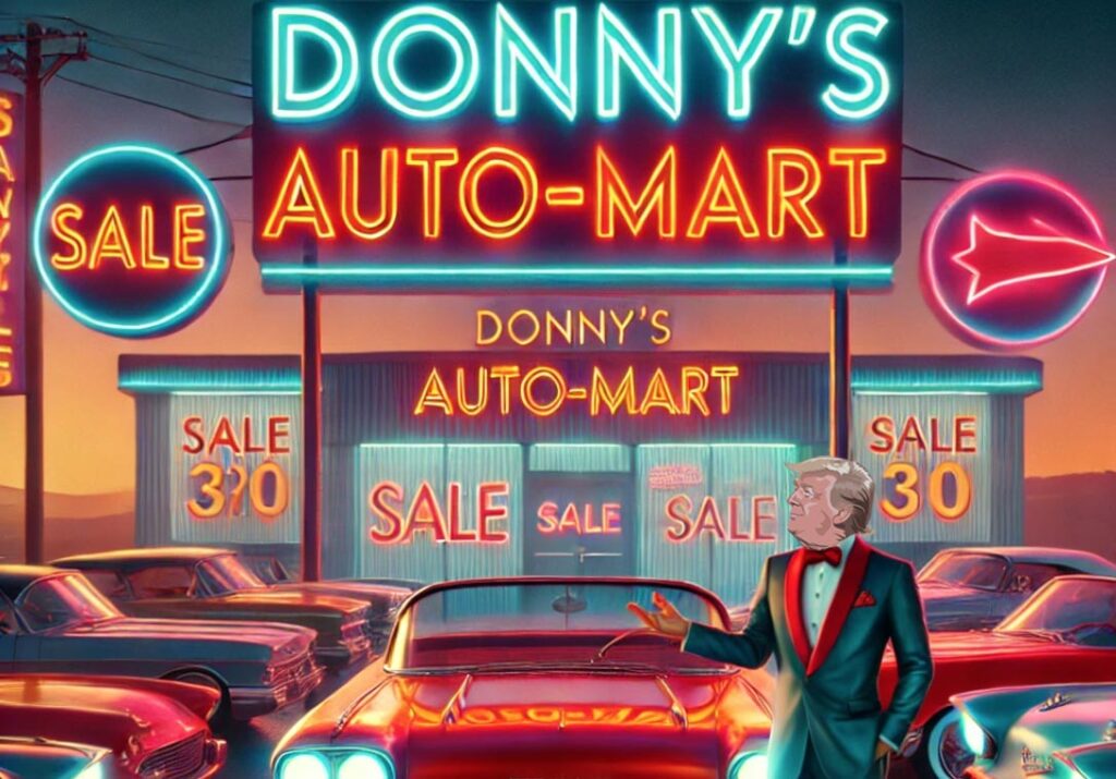 Bye-bye #Swasticar – »Donny´s Auto-Mart« vor dem Weißen Haus doch kein Booster 1 Donny´s Auto-Mart als Illustration.
(c) DAll-E/ K2