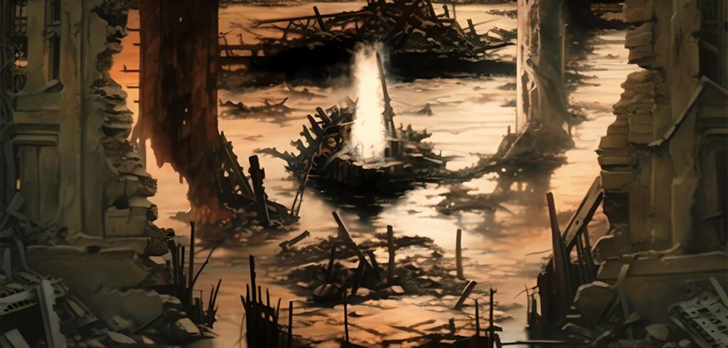 Zerstörte Welt, darüber die Silhouette von Trump´s Kopf. (c) Pixabay.com