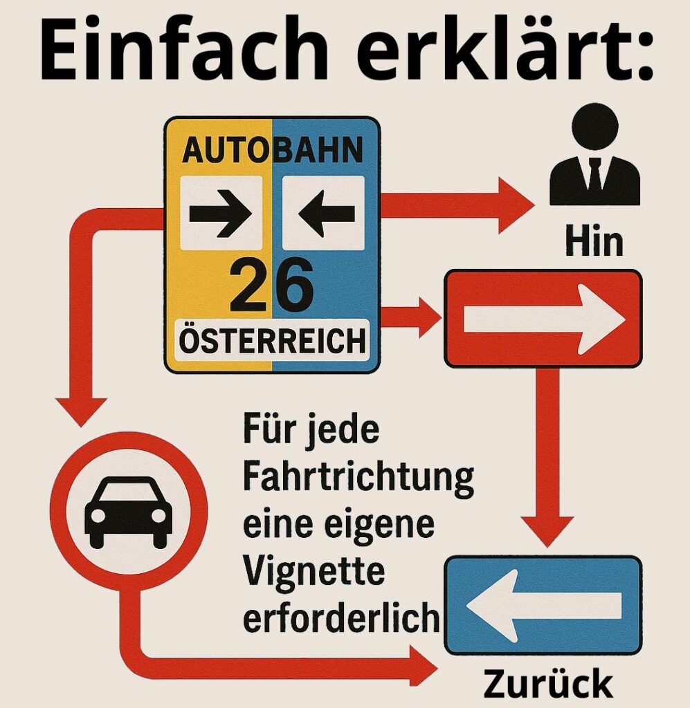 Ein Infografik "Einfach erklärt" zum Thema "Vignette für jede Fahrtrichtung".
(c) DALL·E von OpenAI 
