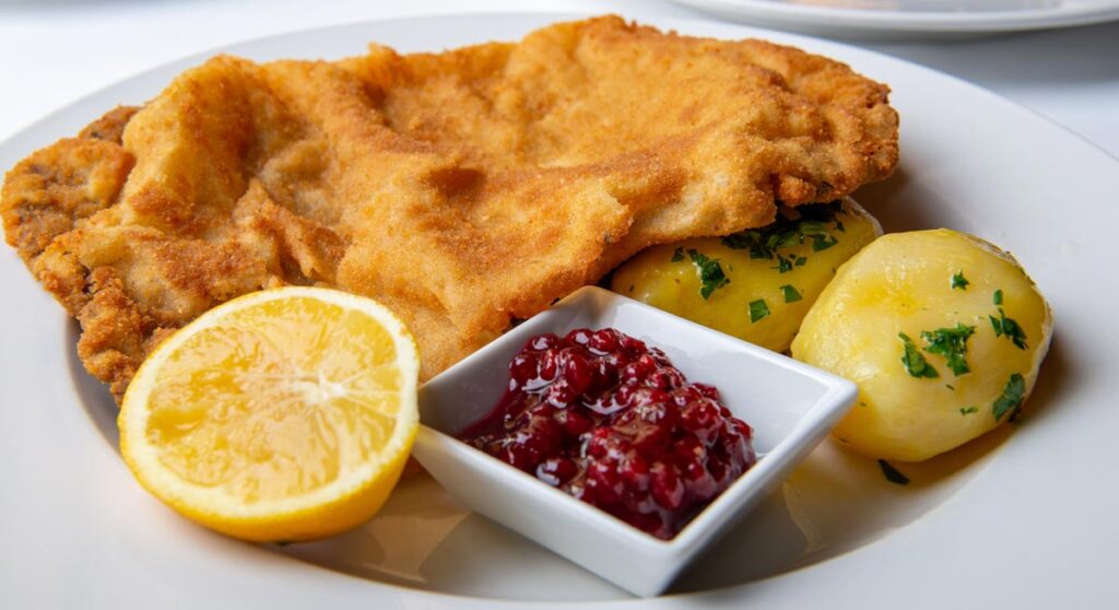 Ein Schnitzel mit Zitrone, Persilkartoffel und einer kleinen Schüssel mit Preiselbeeren, Stichwort Gastro.
(c) AdobeStock