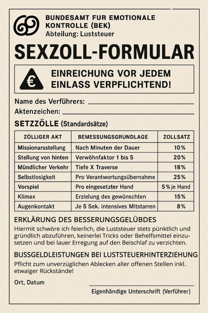 Sexzollformular, Stichwort Einfuhrzoll.
(c) DALL·E/ K2