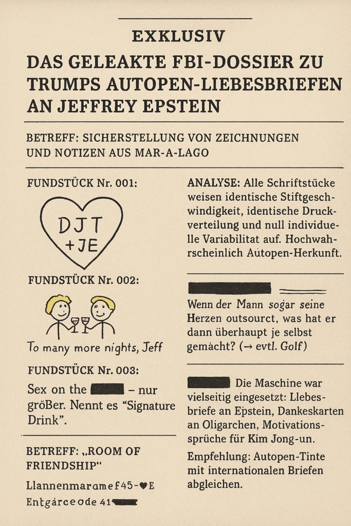 Fake Dossier zu Trumps Autopen Liebesbriefen.
(c) Dall·e