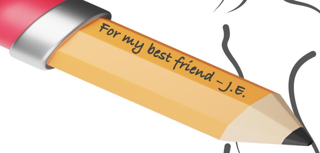 Illustration: ein Bleistift mit einer Widmung; dahinter Teile der Silhouette einer Frau. (c) AdobeStock/ K2-Magazine