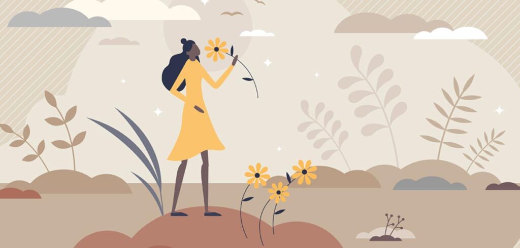 Illustration: eine Frau in der Natur, die an einer Sonnenblume riecht. (c) AdobeStock