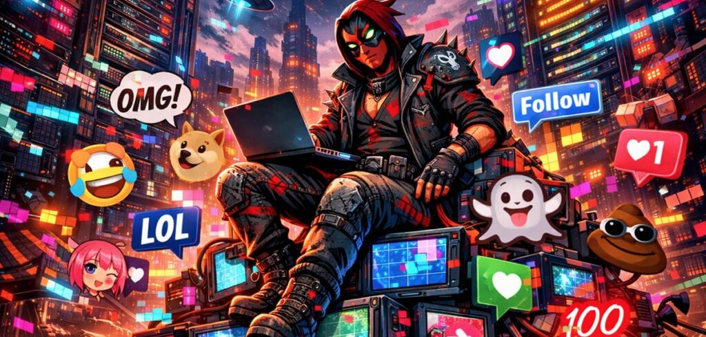 Eine farbenfrohe Cyberpunk-Illustration eines Hackers mit roter Kapuze und Maske, der vor einem Berg aus alten Monitoren und fliegenden Social-Media-Icons wie dem Doge-Meme, Herz-Emojis und "Follow"-Buttons an einem Laptop arbeitet. (c) DALL·E